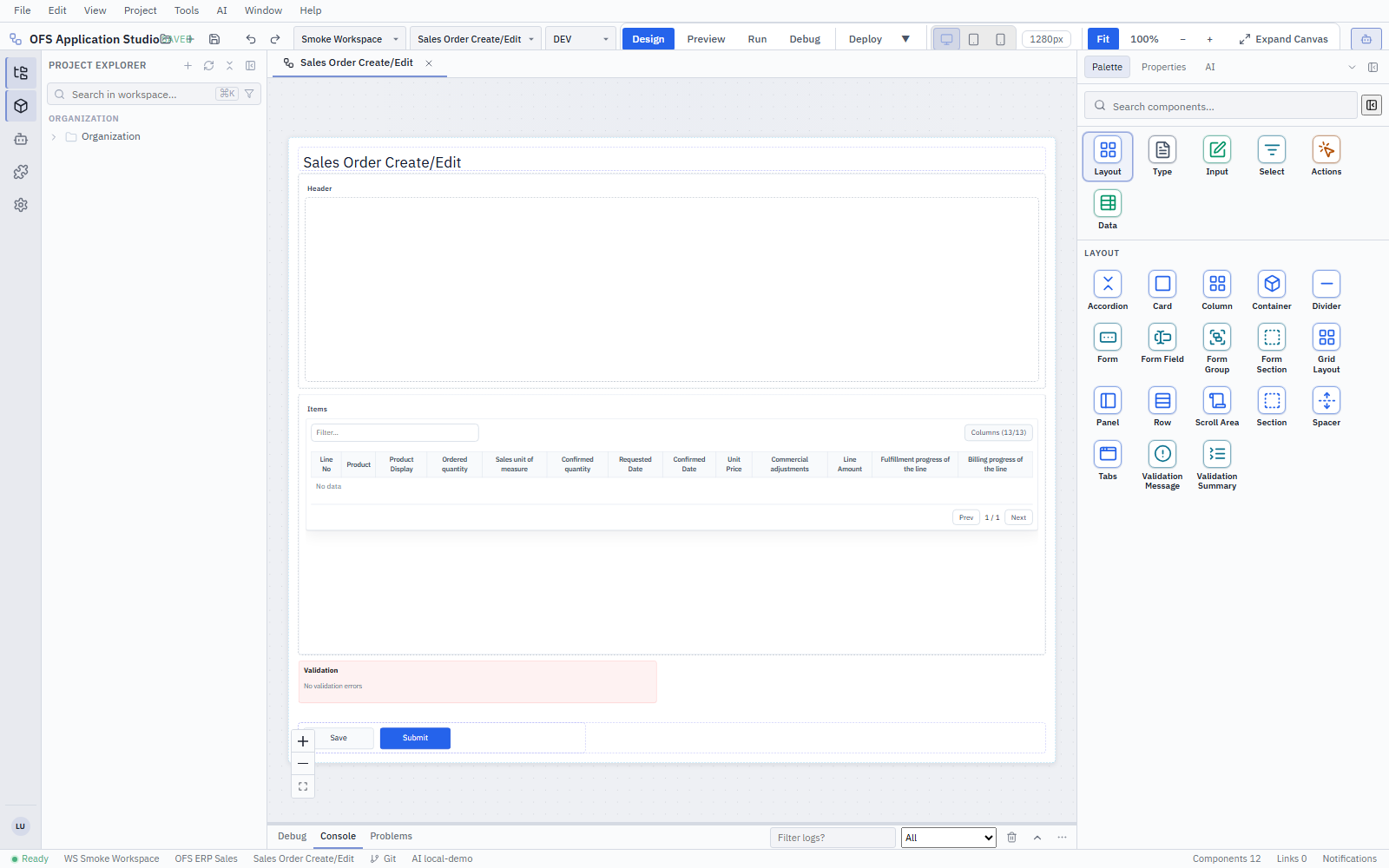 ERP Foundation sales order management interface generated and run on OFS stack