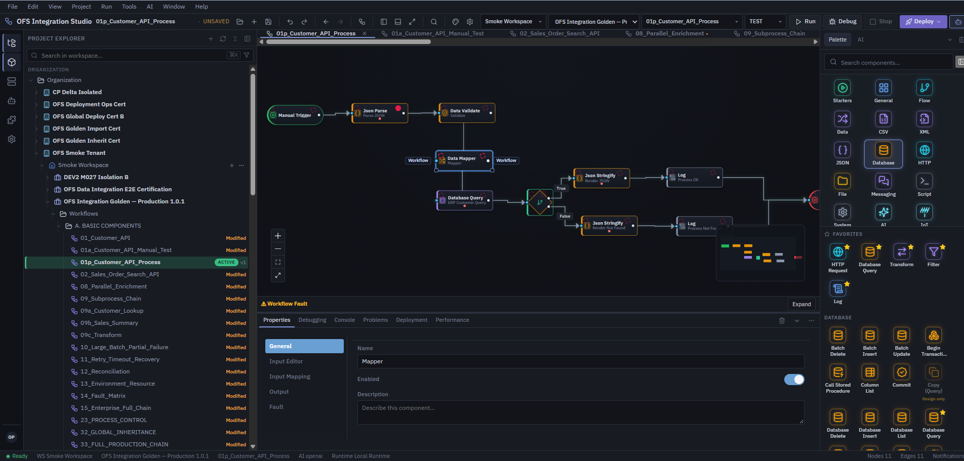 Integration Studio canvas displaying workflow orchestration with palette and properties panel